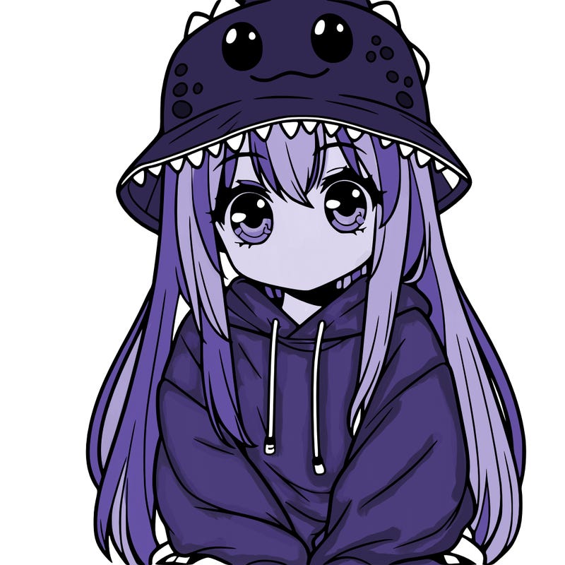 girl with anime shaped eyes with a dinosaur bucket hat oversized sweatshirt long straight hair
