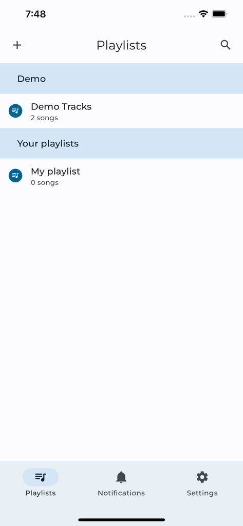 Choir practice app playlist screen displaying demo tracks and user playlists