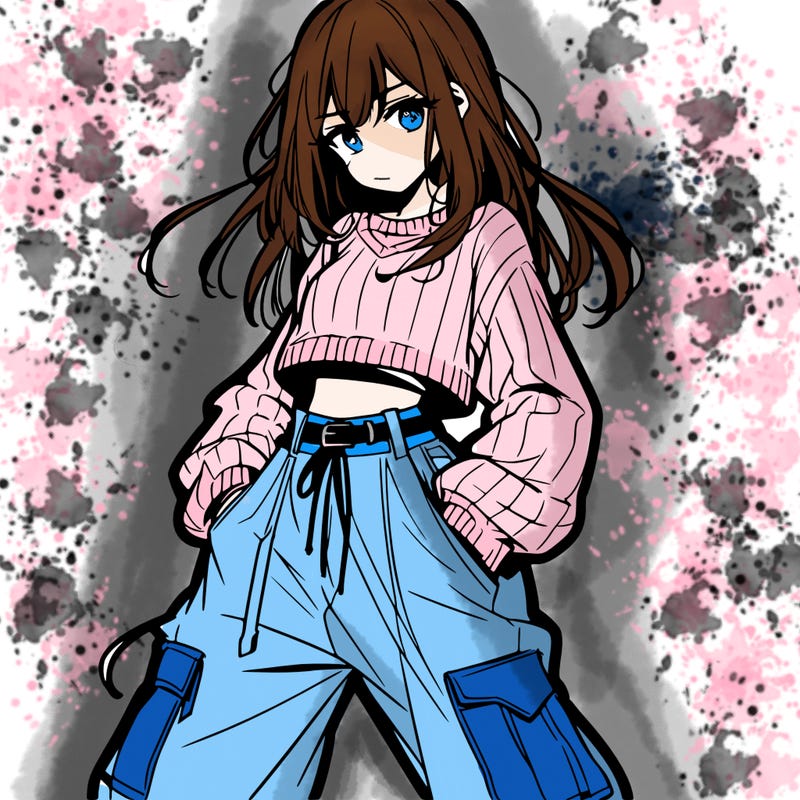anime teen girl with baggy pants and crop top with sweater