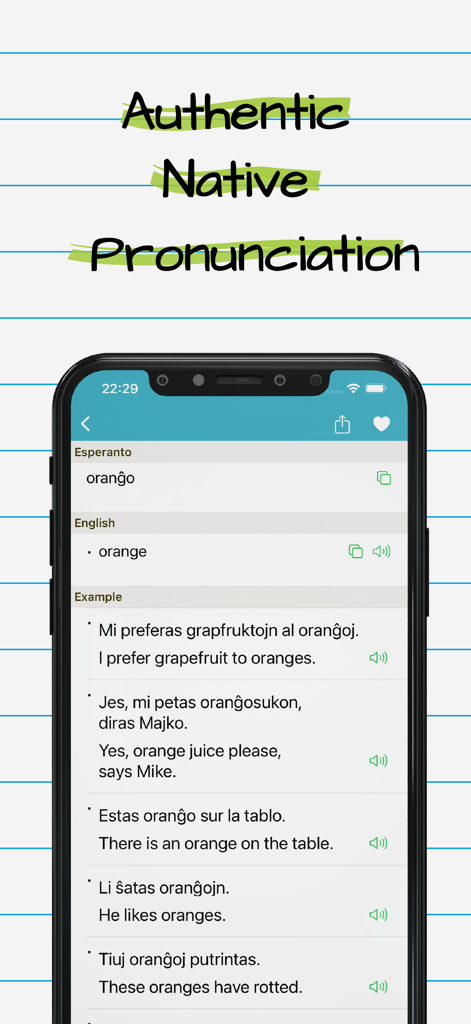Esperanto English Dictionary - Screenshot of the Esperanto English Dictionary app showing native pronunciation features and example sentences.