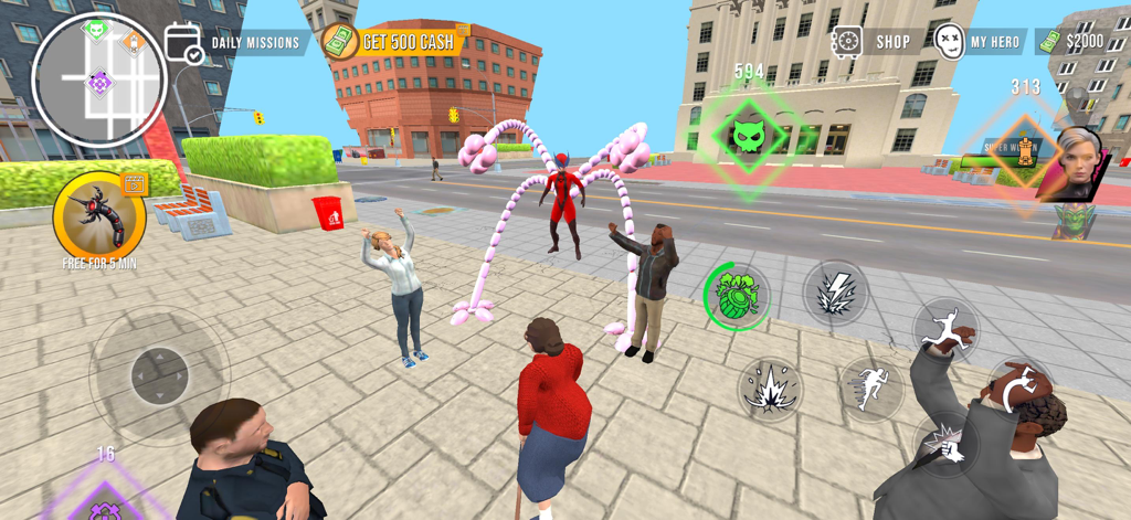 Superhero character with pink tentacles in an open world city street