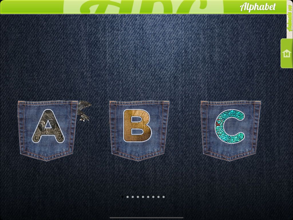 Real Animals 360 - Écran d'apprentissage de l'alphabet avec les lettres texturées A, B et C sur des poches en jean.