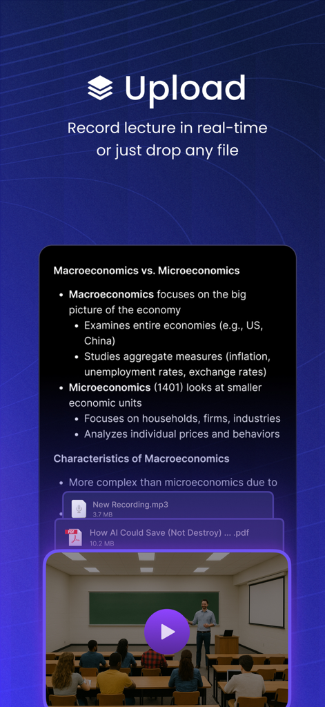 ThetaWave-AI Study Notes - Pantalla de la aplicación ThetaWave-AI mostrando funciones de grabación de conferencias y carga de archivos para apuntes de estudio automatizados.