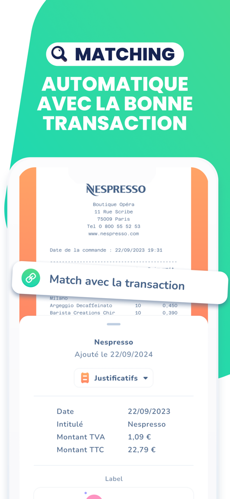 Screenshot of the Tiime app showing a Nespresso receipt being automatically matched with a bank transaction