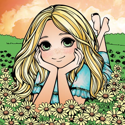 a realistic girl laying in a flower field