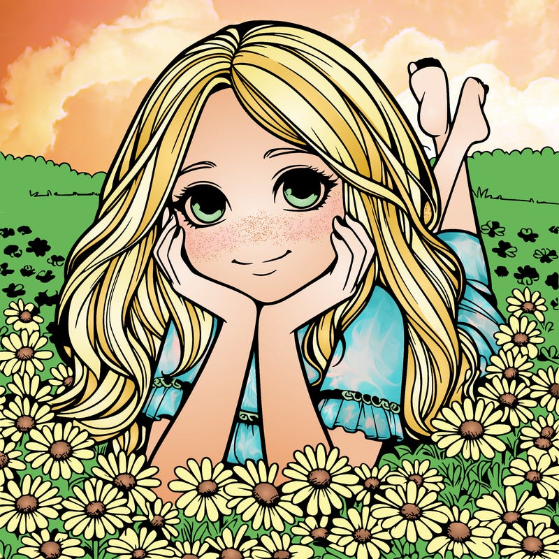 a realistic girl laying in a flower field