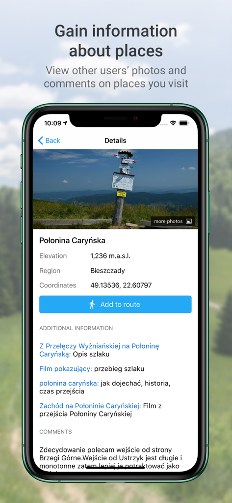 Hiking Map Poland - Details screen of the hiking app showing photos elevation and comments for Polonina Carynska in Poland
