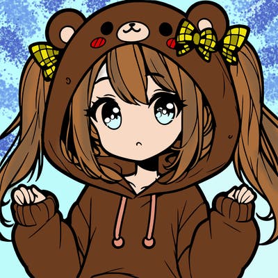 cute anime girl with ponytails and a cute bear hoodie