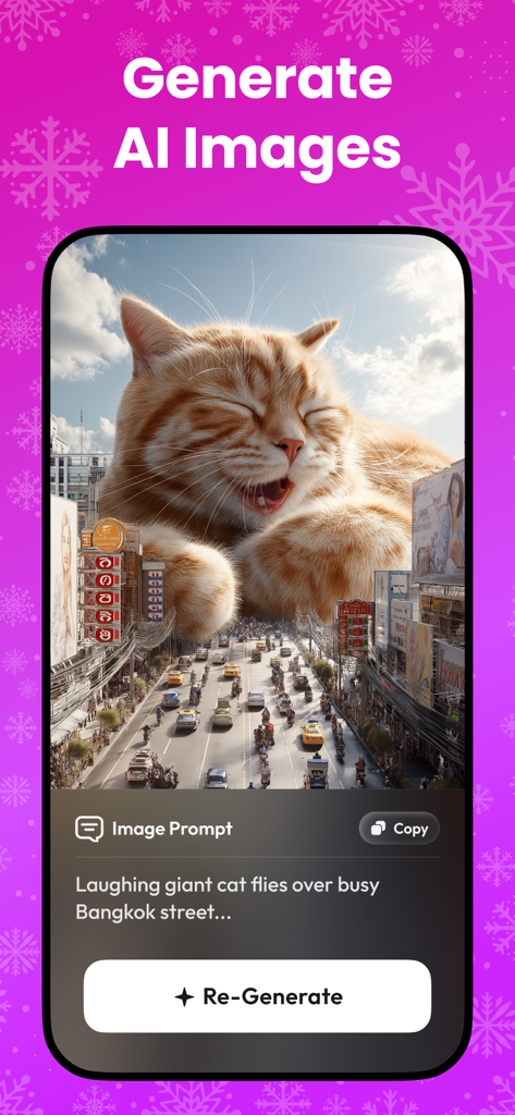 Edit Up: AI Photo Video Editor - Interfaz del generador de imágenes con IA que muestra un gato gigante riendo en una calle de la ciudad