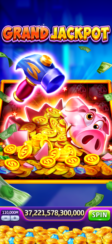 Jackpot World™ - Casino Slots - Un martillo rompiendo una hucha rosa rebosante de monedas de oro para un gran bote.