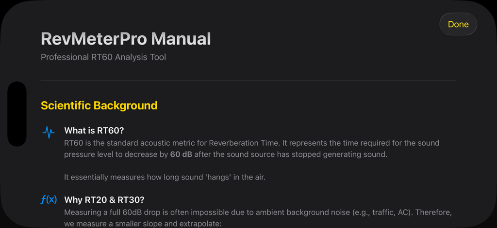 RevMeter Pro - A screenshot of the RevMeter Pro app manual explaining the scientific background of RT60 and RT20 acoustic metrics.