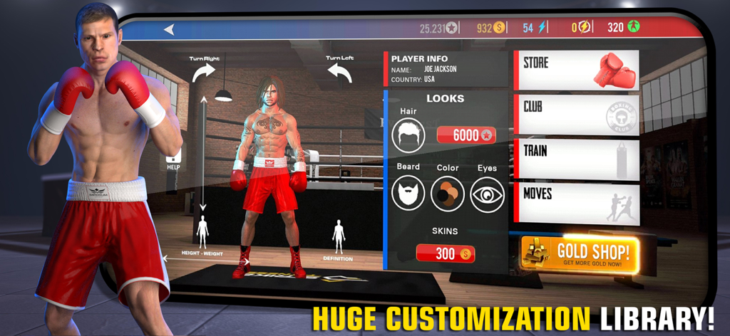 Boxing - Fighting Clash - Pantalla de personalización de personajes del juego de boxeo con opciones de cabello, barba y equipo