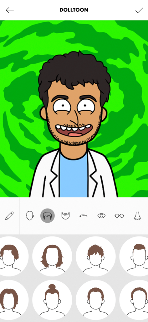 Interface do aplicativo Dolltoon mostrando personalização de personagem com um avatar de cientista de desenho animado