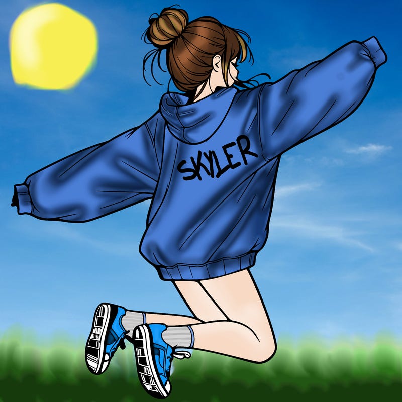 realistic girl jumping with a bun and oversized sweatshirt
