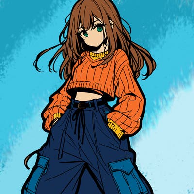 anime teen girl with baggy pants and crop top with sweater