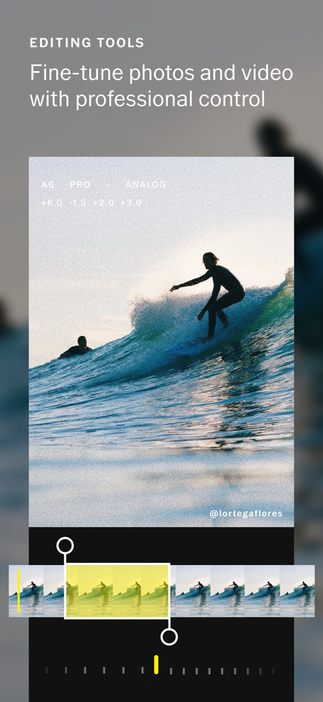 Interface de l'application VSCO présentant des outils de montage vidéo professionnels avec un extrait de surf.