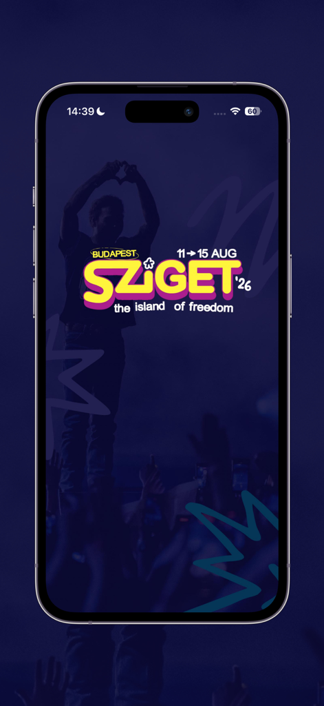 Sziget Festival app splash screen featuring the Island of Freedom logo and 2026 dates in Budapest