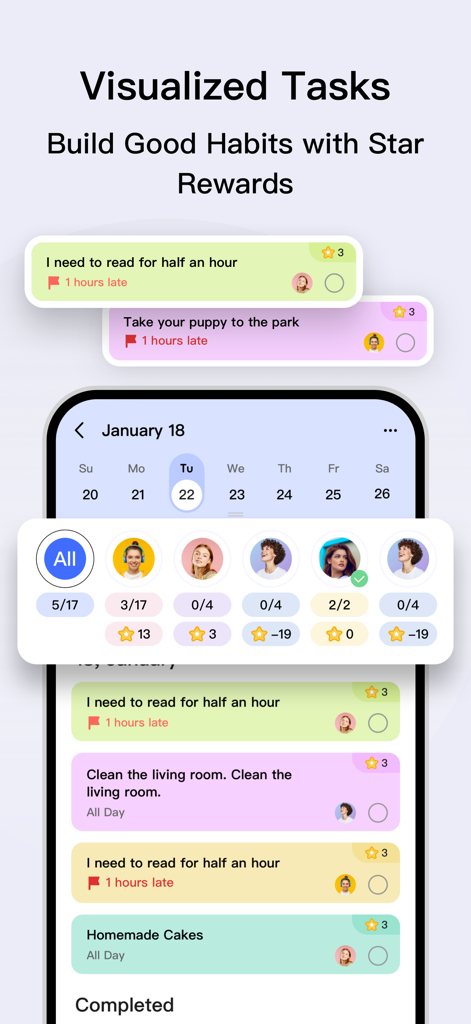 eCalendar app interface showing colorful visualized tasks and a star rewards system for building good habits
