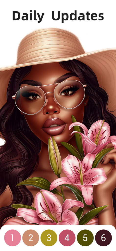 Super Color® - Paint by Number - Digital coloring page of a woman with pink lilies from the Super Color paint by number app