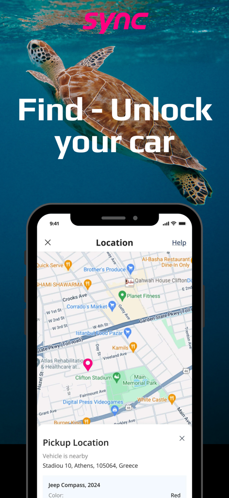 Sync - car rentals marketplace - Sync car rental app interface showing a map for vehicle pickup location and a Jeep Compass 2024 selection