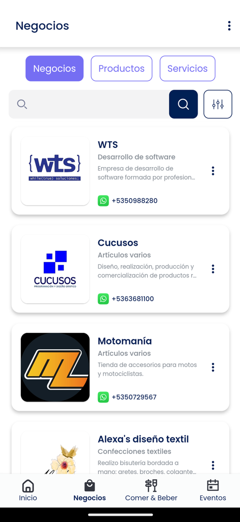 La Lupa App - La Lupa App business directory screen showing local listings for software development and retail shops in Spanish