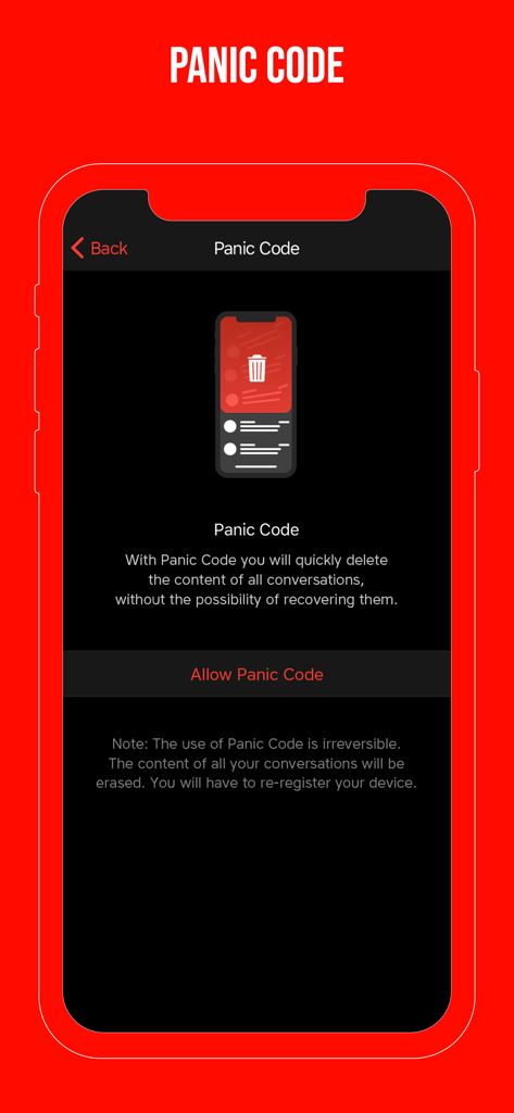 UseCrypt Messenger - UseCrypt Messenger Panic Code feature for irreversible conversation deletion