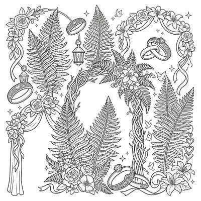 Immerse yourself in the beauty of nature and romance with this exquisite Ostrich Fern Wedding coloring page. Delicate ferns intertwine with elegant floral arches, sparkling rings, and doves, creating a perfect scene to celebrate love.