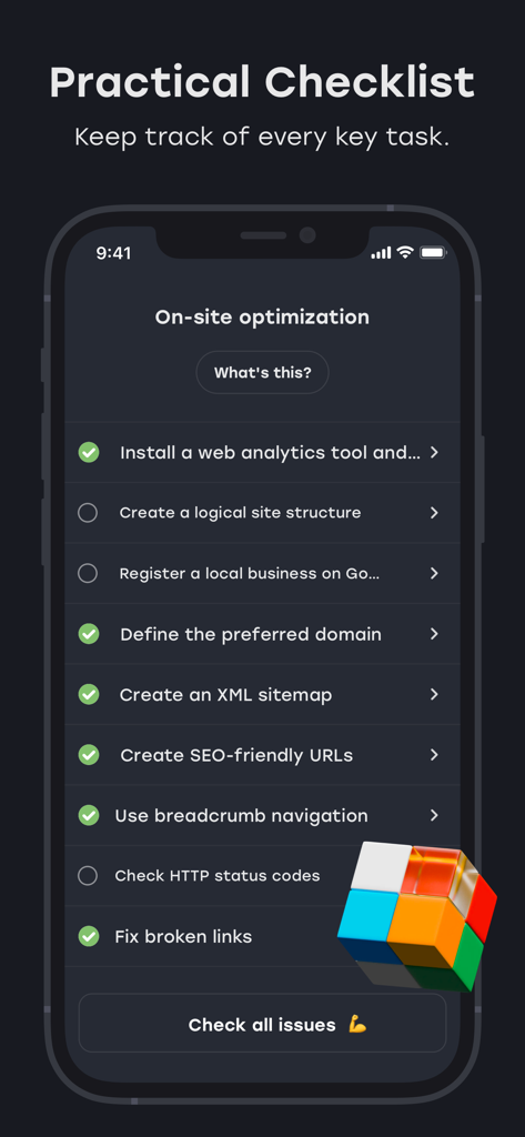 SE Ranking Pro - Schermata dell'app mobile SE Ranking Pro che mostra una checklist di ottimizzazione on-site per il monitoraggio delle attività SEO.