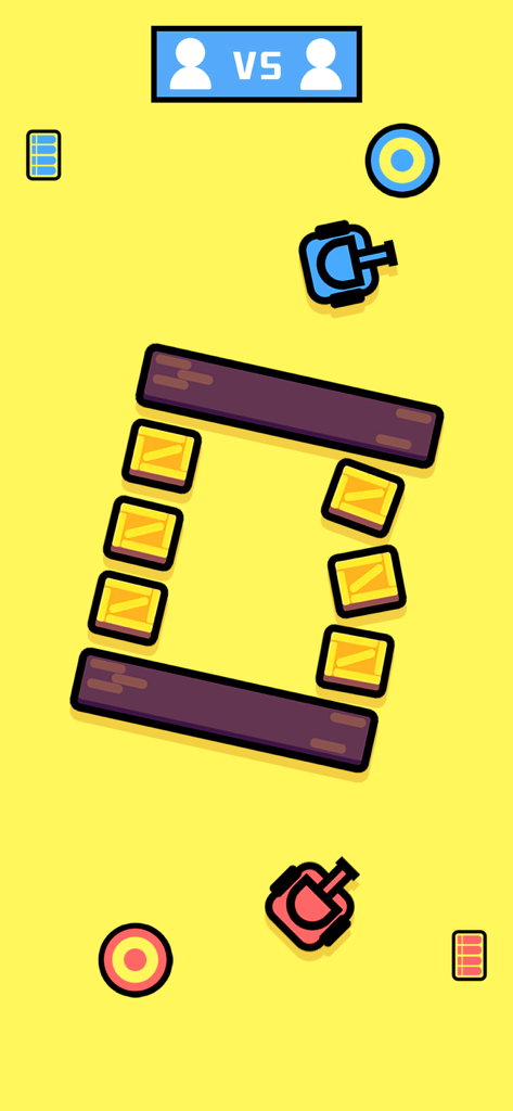 Top down view of a two player tank battle mini game with a red and blue tank on a yellow background