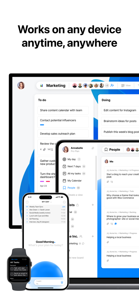 Interfaz de la aplicación Any.do mostrada en un portátil, tableta, smartphone y reloj inteligente.