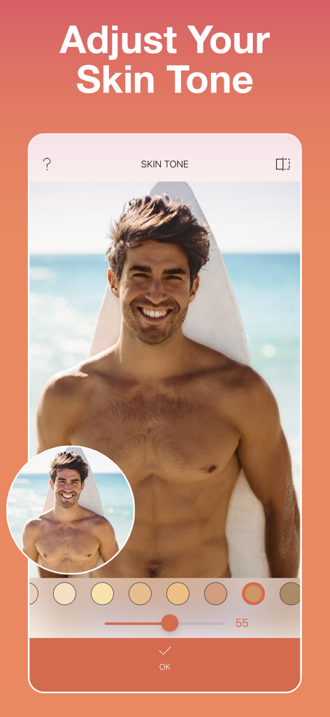 Skin Tanner: AI Photo Editor - Interfaz de la aplicación Bronceador de Piel que muestra una comparación de antes y después del ajuste del tono de piel de un hombre a un bronceado más intenso con un control deslizante de color.