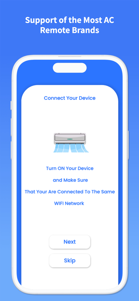 Mobile app interface for connecting an air conditioner to Wi-Fi.