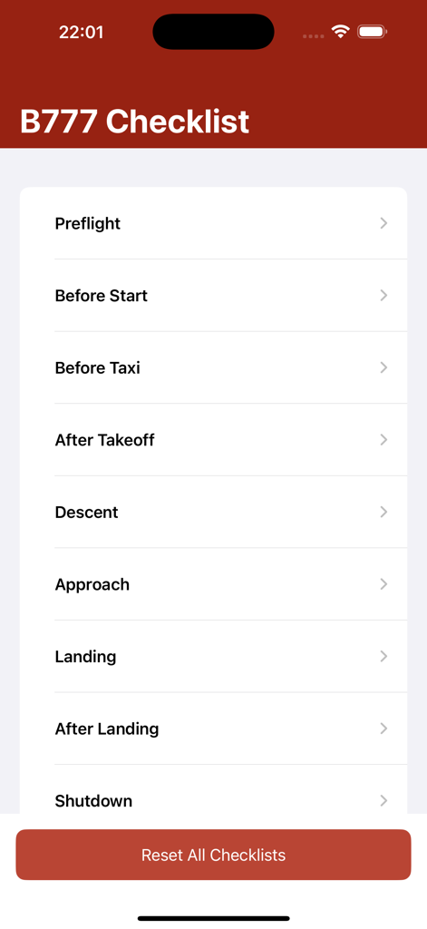 A screenshot of the B777 Checklist app main menu showing various flight phases like Preflight and Landing