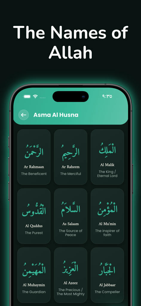 Ummah – Worship Together - A minimalist dark mode screen displaying the Names of Allah with Arabic calligraphy and English translations in the Ummah app.