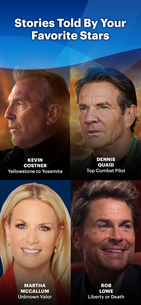 Fox Nation app screen featuring stories hosted by Kevin Costner, Dennis Quaid, Martha MacCallum and Rob Lowe.