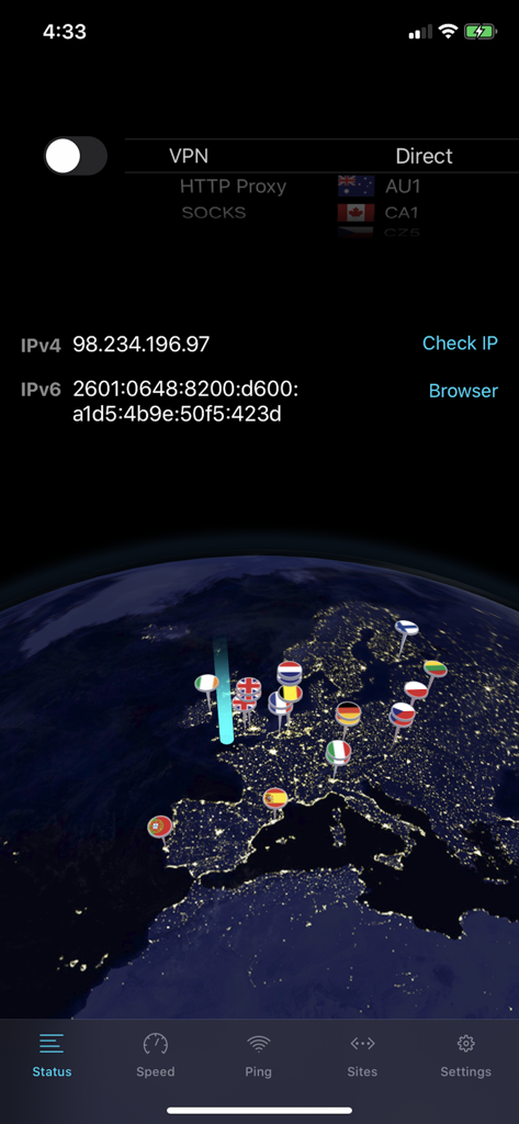 NetShade - NetShade app status screen showing a global map with server locations and current IP address details