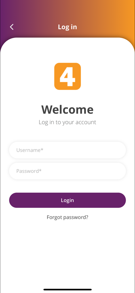 Plan4Flex-App-Anmeldebildschirm mit Eingabefeldern für Benutzername und Passwort sowie einer lila Anmeldeschaltfläche