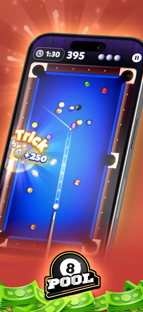 Mobile gameplay of 8 Pool in the Blitz Win Cash app showing a pool table and cash rewards