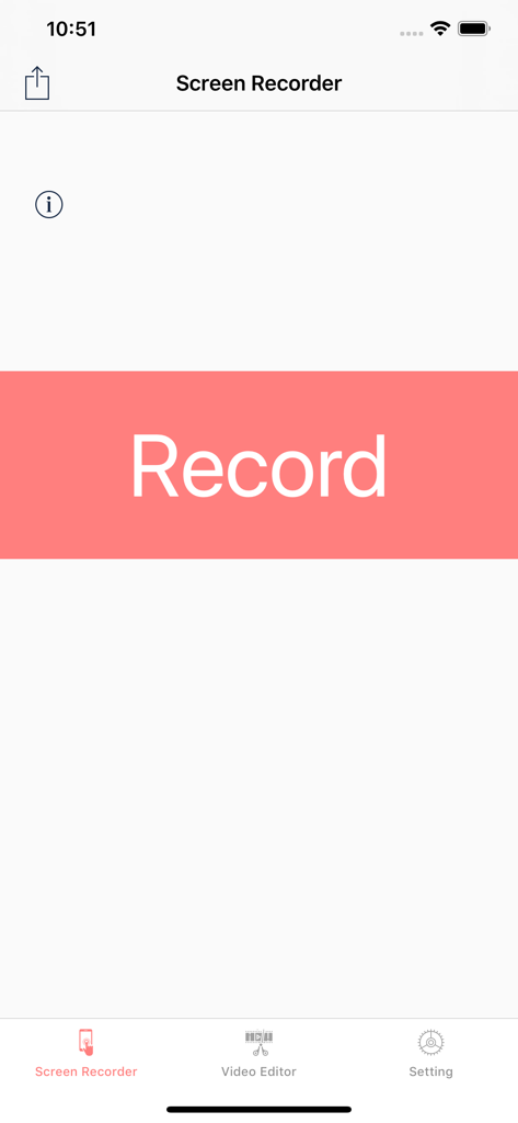Screen Recorder,Screen Capture - Interfaccia utente principale dell'app Screen Recorder con un pulsante di registrazione prominente e opzioni di menu per l'editing video e le impostazioni.