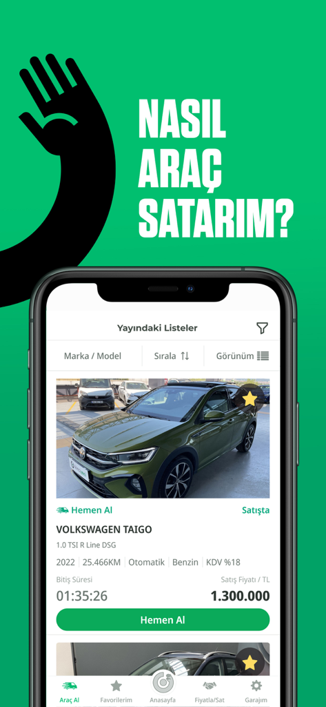 ikinciyeni.com - Interface d'application mobile d'ikinciyeni.com montrant une annonce de Volkswagen Taigo d'occasion avec le prix et les détails du véhicule.