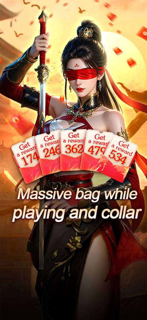 Remaining Strategies Xianwu - Blindfolded female warrior holding a sword with in-game reward cards