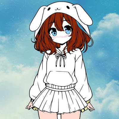 pretty anime girl wearing a fluffy hoodie with bunny ears on the hood and a skirt