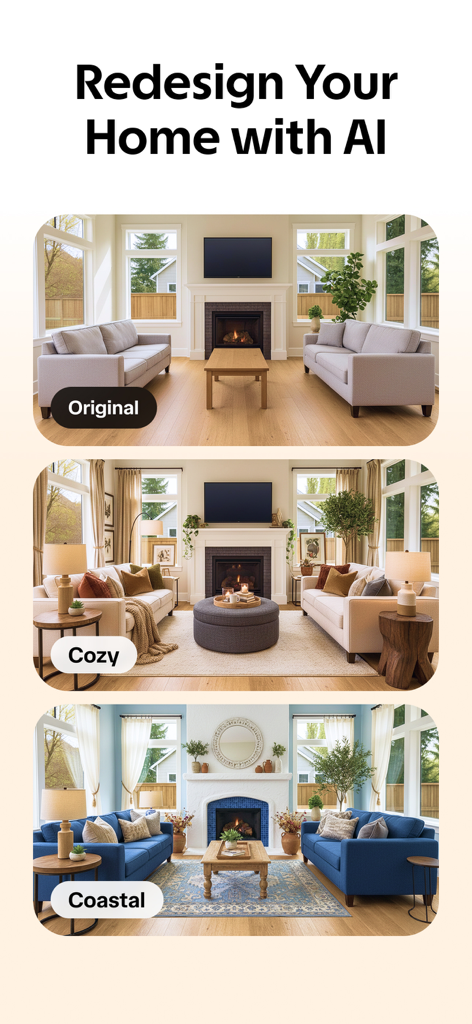 AI Decor - AI Home Design - Screenshot showing a living room redesigned in cozy and coastal styles using the AI Decor app.