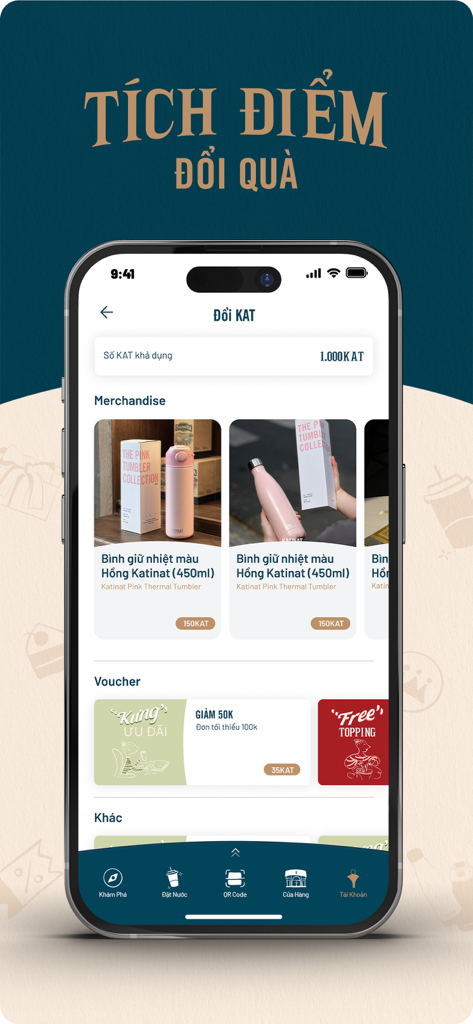 KATINAT Mobile App-Oberfläche, die den Bildschirm für Loyalitätsprämien mit Punkteeinlösung für Waren und Gutscheine zeigt.