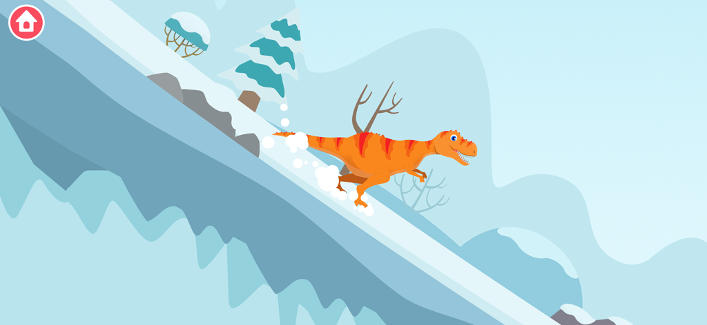 ジュラシック・レスキューのゲーム内で、雪山の斜面を滑り降りる親しみやすいオレンジ色の恐竜。