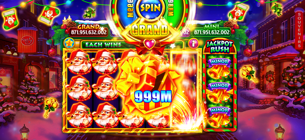 A festive Christmas themed slot machine featuring Santa Claus symbols and a large coin prize