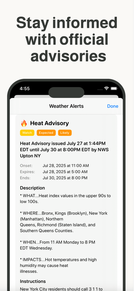 Weather Dialアプリ画面。米国国立気象局の公式熱波注意報アラートを、詳細な時間と場所の情報と共に表示。