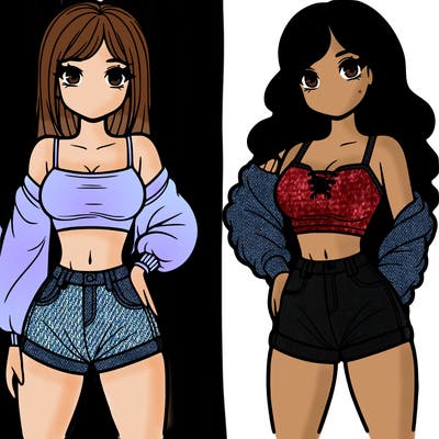 2 girls with a crop top and short shorts