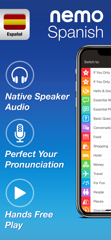 Spanish by Nemo - Spanish by Nemo app interface highlighting native speaker audio pronunciation tools and travel categories
