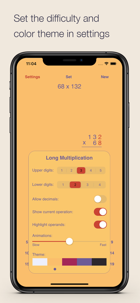 Settings menu in the Long Multiplication app showing options for difficulty levels and color themes